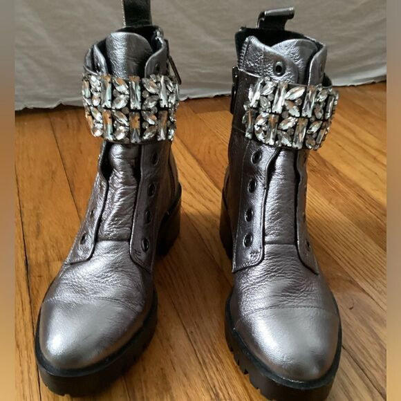 Karl Lagerfeld 6.5 leather silver boots embellished, bling - Picture 3 of 12